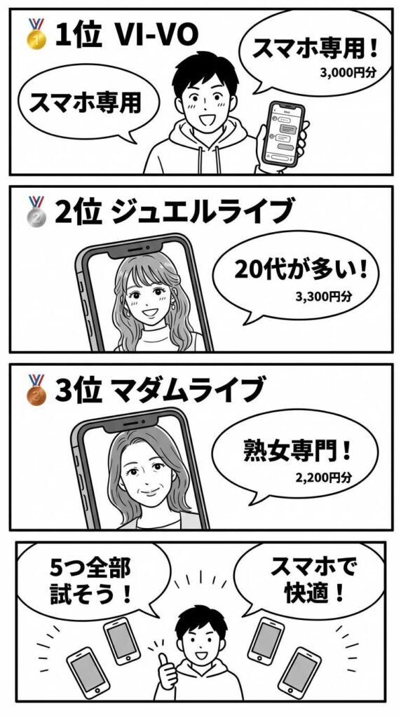 スマホで楽しめるライブチャットおすすめBEST5｜VI-VO・ジュエルライブ・マダムライブの選び方