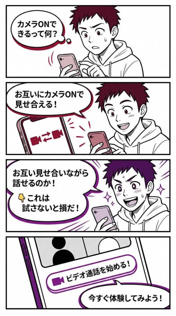 マダムライブの双方向チャット機能でカメラONで見せ合いながら話せることを説明する4コマ漫画