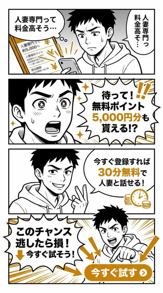 マダムライブの料金体系と無料ポイント5,000円分で約30分体験できることを説明する4コマ漫画