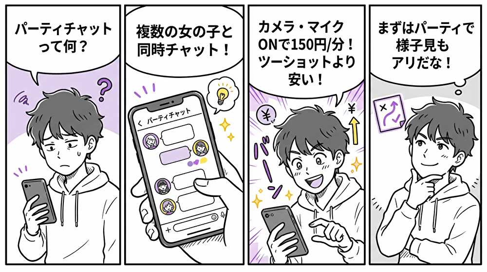 JewelLiveのパーティチャット機能とカメラON機能を説明する4コマ漫画