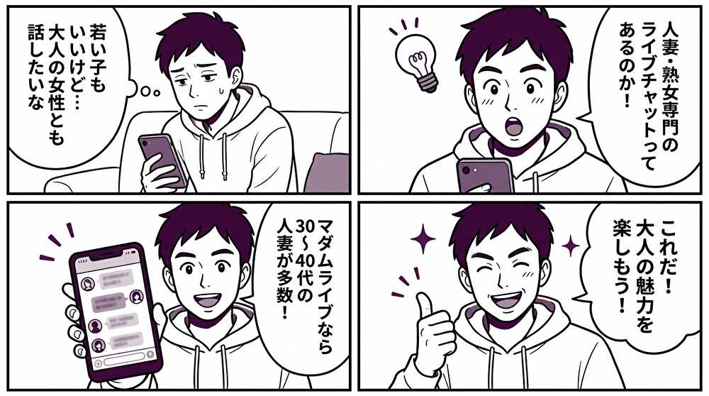 若い女性から人妻・熟女専門ライブチャットのマダムライブへ興味を持つ4コマ漫画